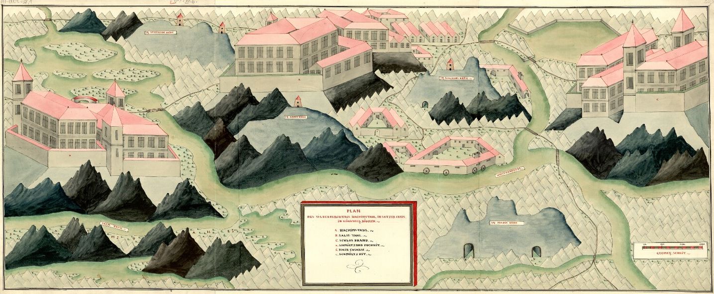 Geyer, 18. století - Kresba krajiny s domy a doly Jáchymova.