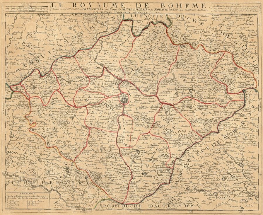 Nolin Jean-Baptiste, 1686-1762 - mapa Čech s hranicemi krajů