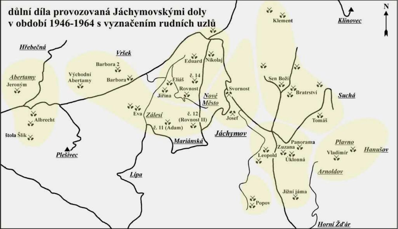 Mapa dolů v okolí města - těžba uranu